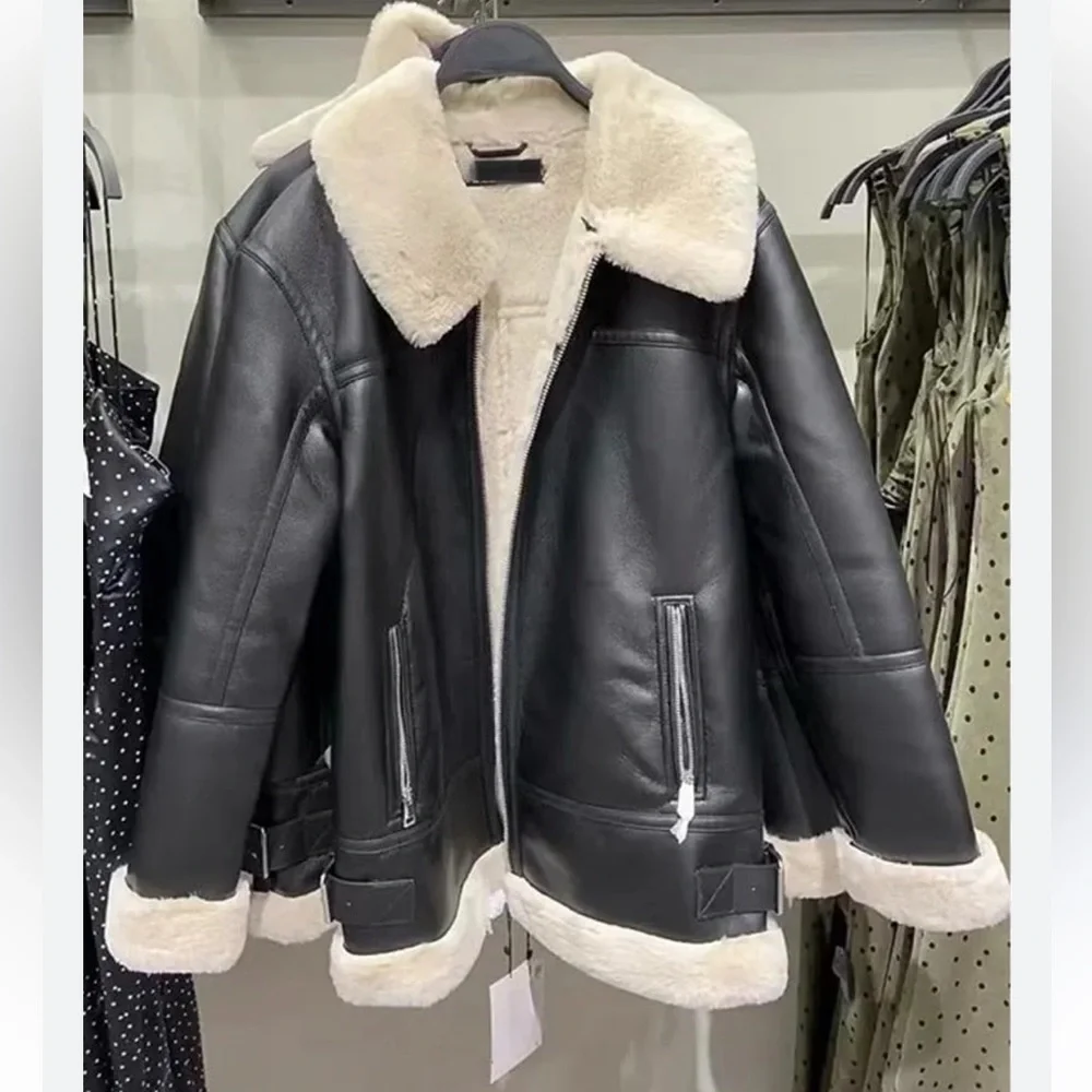81 moto jacket faux leather faux fur zip up black coat jacket - Picture 2 of 13